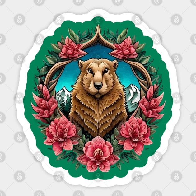 Olympic Marmot Surrounded By A Wreath Of Rhododendron Tattoo Style Art Sticker by taiche